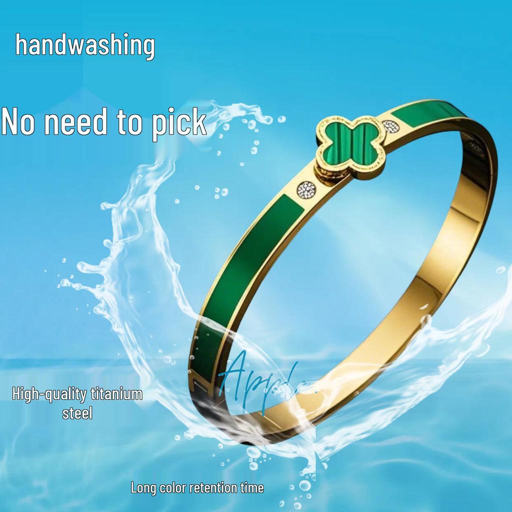 Girls' Stainless Steel Four-Leaf Clover Bracelet with High-Color Retention Enamel and Diamonds