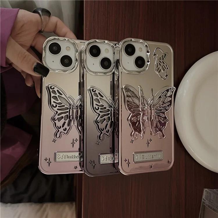For iPhone 13 / 14 Case Electroplating TPU Phone Cover with Butterfly Shaped Kickstand Gradient Color - Purple