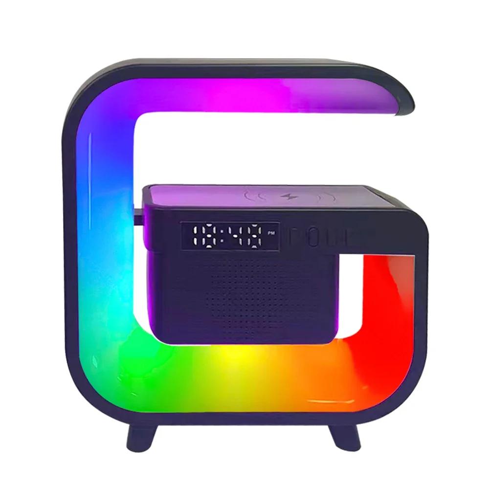 

New Wireless Charger Stand Bluetooth Speaker Sound Alarm Clock RGB Ambient Light for iPhone Samsung Xiaomi