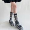 Japanischer Stil Schimmerndes Netz Spleißende Gerippte Über die Wade Socken für Damen Mädchen Niedliche Schleife Schleifenknoten Lange Strümpfe