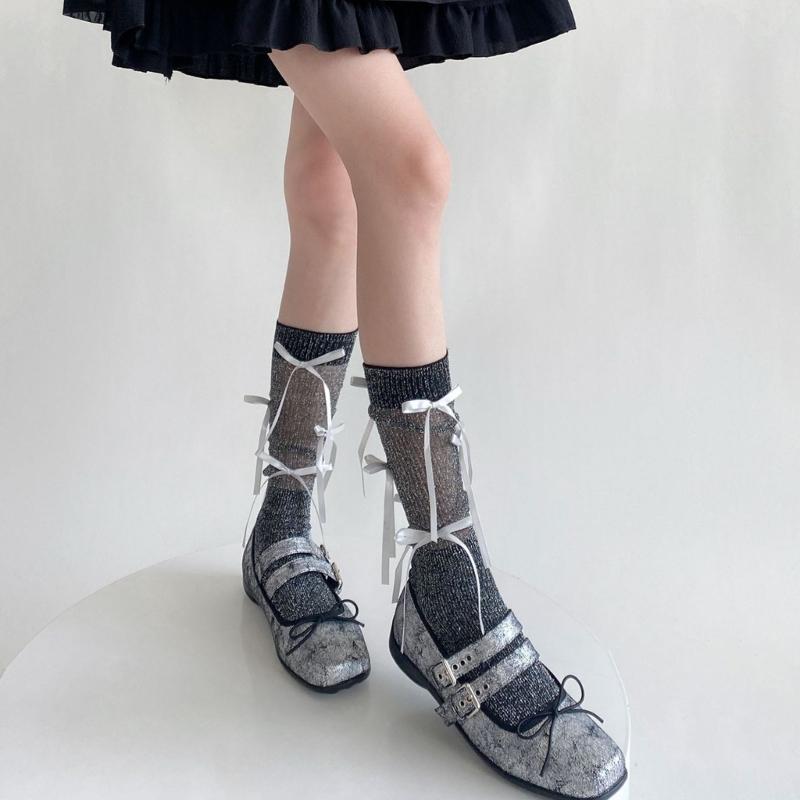 Japanischer Stil Schimmerndes Netz Spleißende Gerippte Über die Wade Socken für Damen Mädchen Niedliche Schleife Schleifenknoten Lange Strümpfe