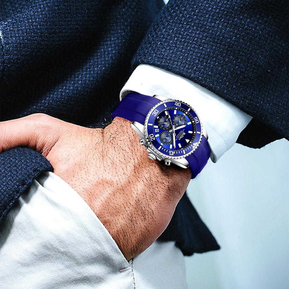 Sport Style Watch for Men Waterproof Chronograph Watch with Mineral Glass, Silicone Band Wristwatch