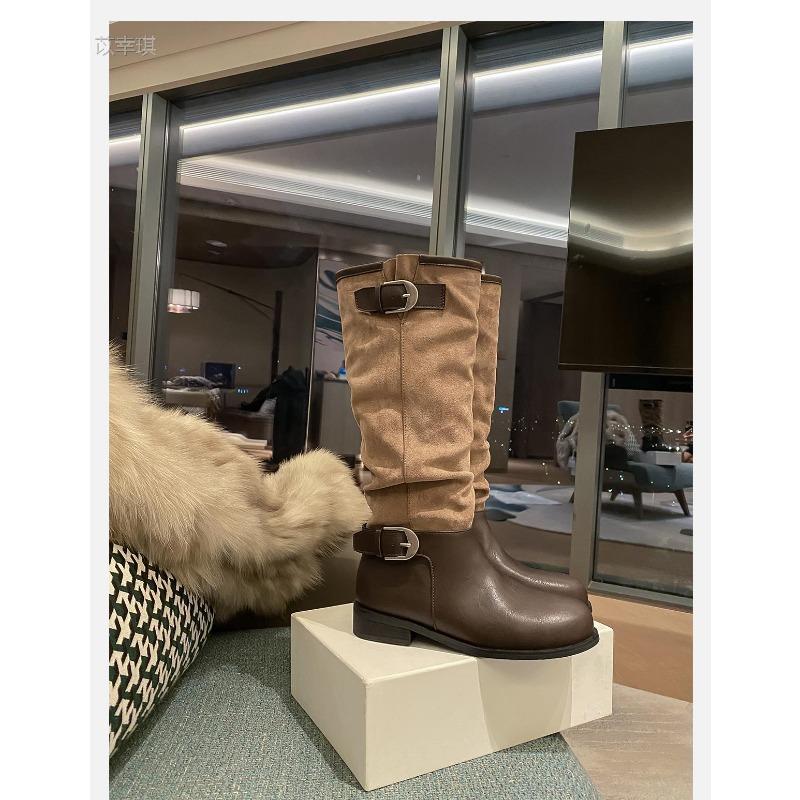 Cowhide Version Ma Sichun Fashionable Leather Buckle with Round Head Splicing Thick Heel Knight Boots Women's Boots Stacking Boots