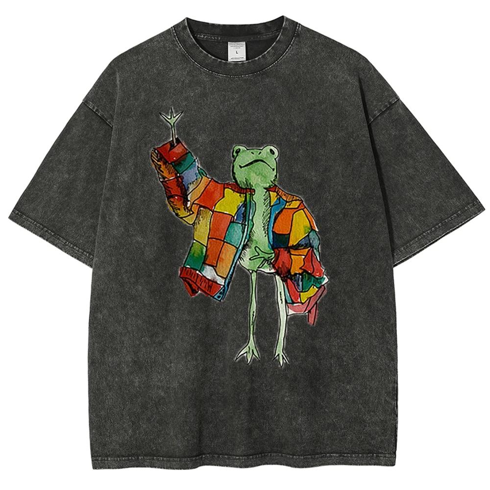 Cute Funny Style Cartoon Frog Print Ladies T-Shirt Loose Wash Oversized Short Sleeve Summer Fashion Cute Top Students