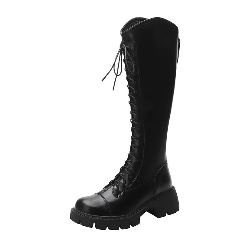 Winter Plateau Kreuz Schnürung Damen Ritterstiefel Dicke Absatzschuhe Streetstyle Damen Kurzer Plüsch Lange Stiefeletten