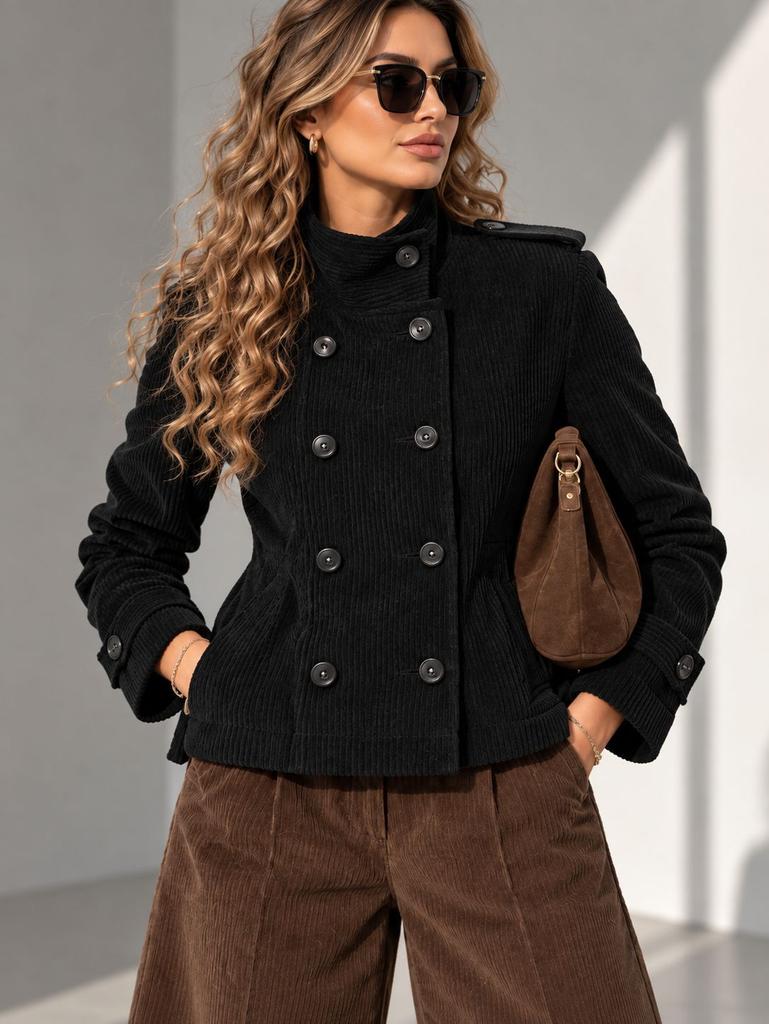 Autumn/winter new women's vintage stand-collar double-breasted corduroy slim short jacket