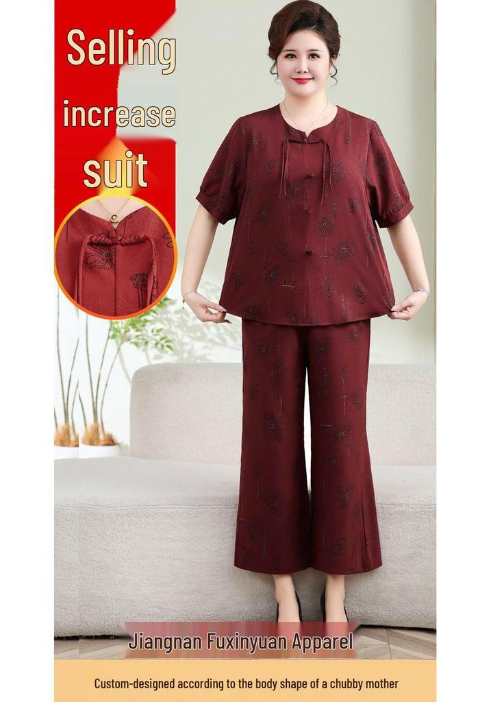 Trendy Plus Size Summer Two-Piece Set for Mid-aged & Elderly: Stylish Loose Short Sleeve Top & Pants