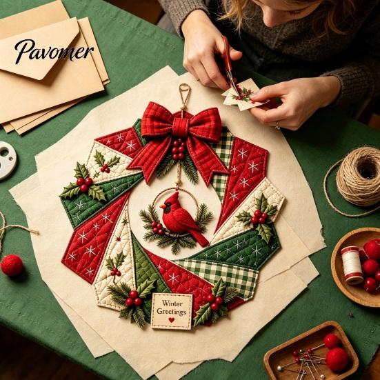 DIY Patchwork Craft Supplies Wreath Kit, Christmas Sewing Seasonal Patterns, Farmhouse Style Crafts Fabric Kit for Adults, Front Door Wall Decor