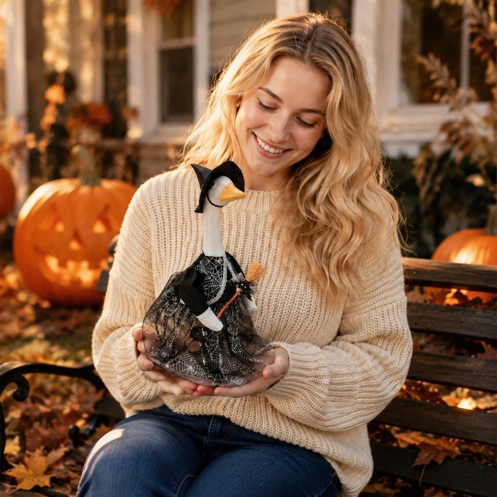 Mini Desktop Goose Set with Witch Costume Web Print Dress Hat and Broom for Decorative Display or Seasonal Tabletop Use