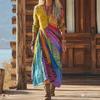 Kreatives Batik-Druck Damen Neues V-Ausschnitt Langarmkleid Mittellanges und langes Kleid