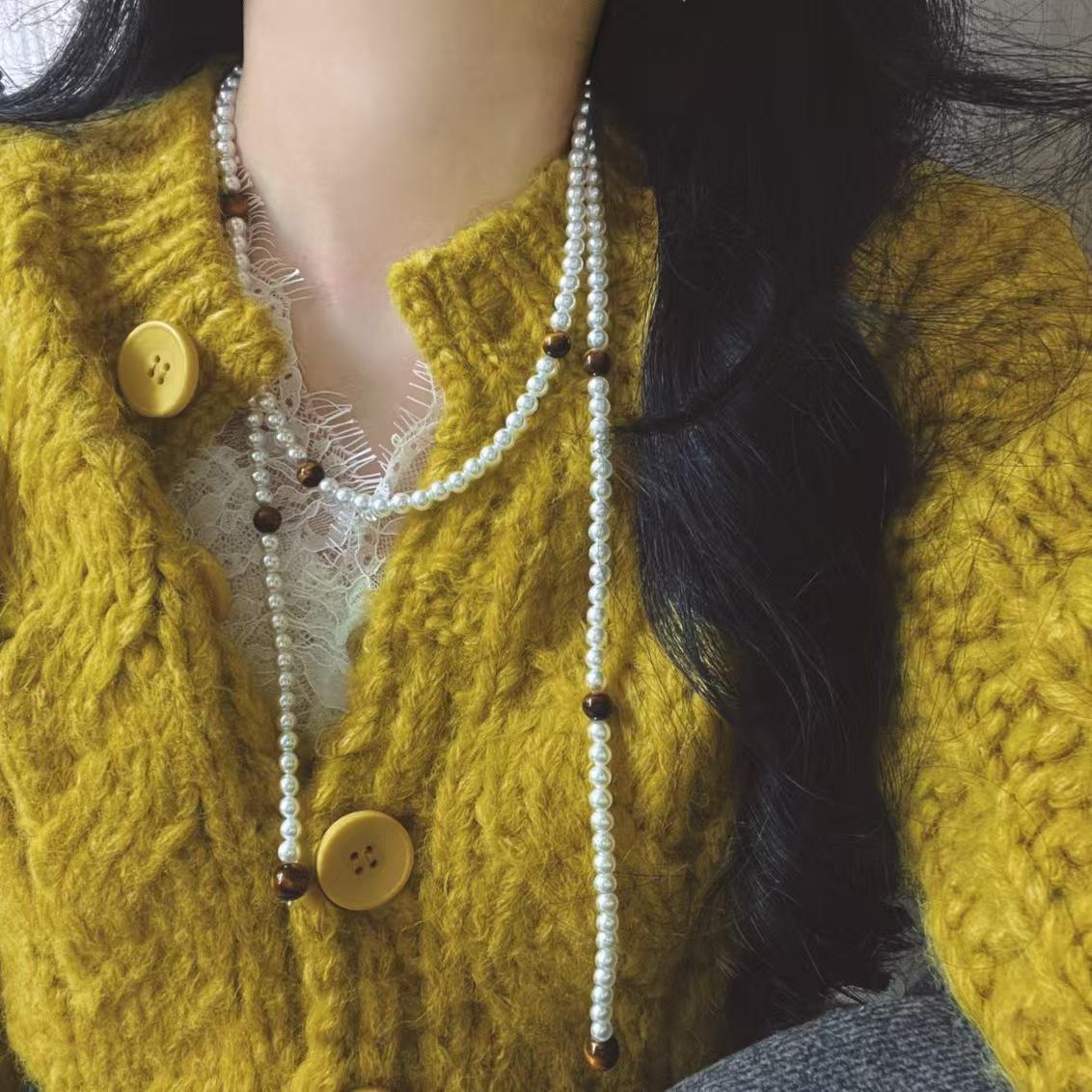 

Vintage Design High-Gloss Artificial Crystal Pearl Natural Tiger S Eye Stone Sweater Chain Necklace