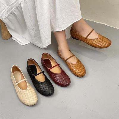 Retro Handmade Genuine Leather Weaving Flats Shallow Round Toe Soft Sole Women's Slip-on Shoes