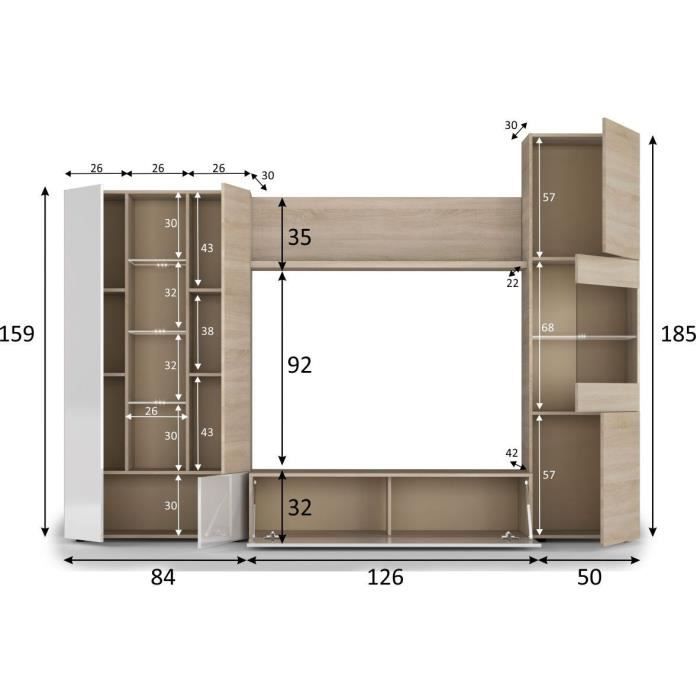 ESSENTIEEL TV-meubel met klassieke LED in glanzend wit en eiken decor - B 260 cm