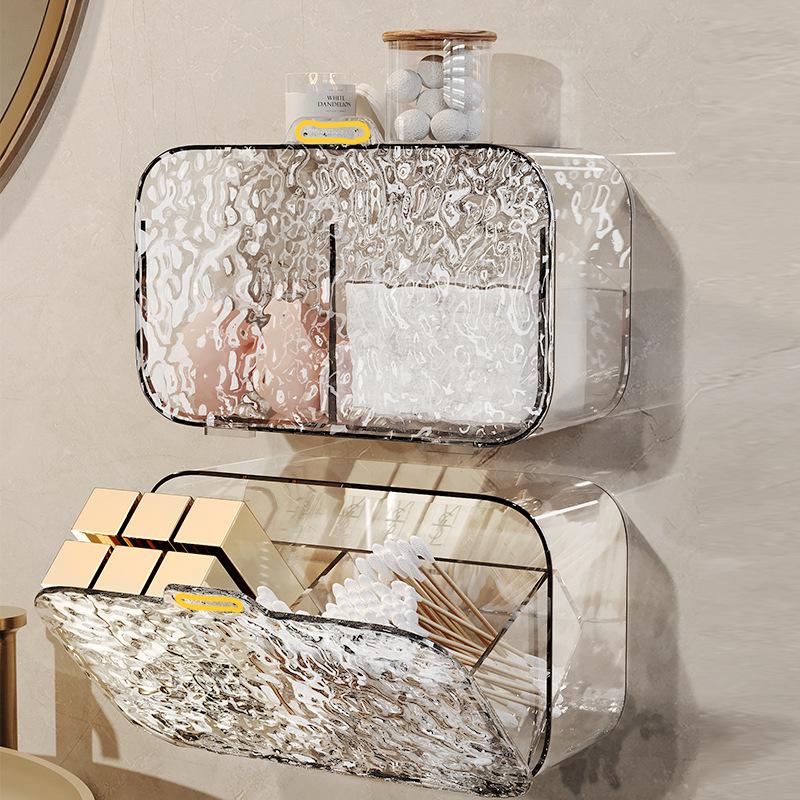 Boîte de rangement murale transparente pour maquillage, avec couvercle, pour cotons, cosmétiques, accessoires de salle de bain