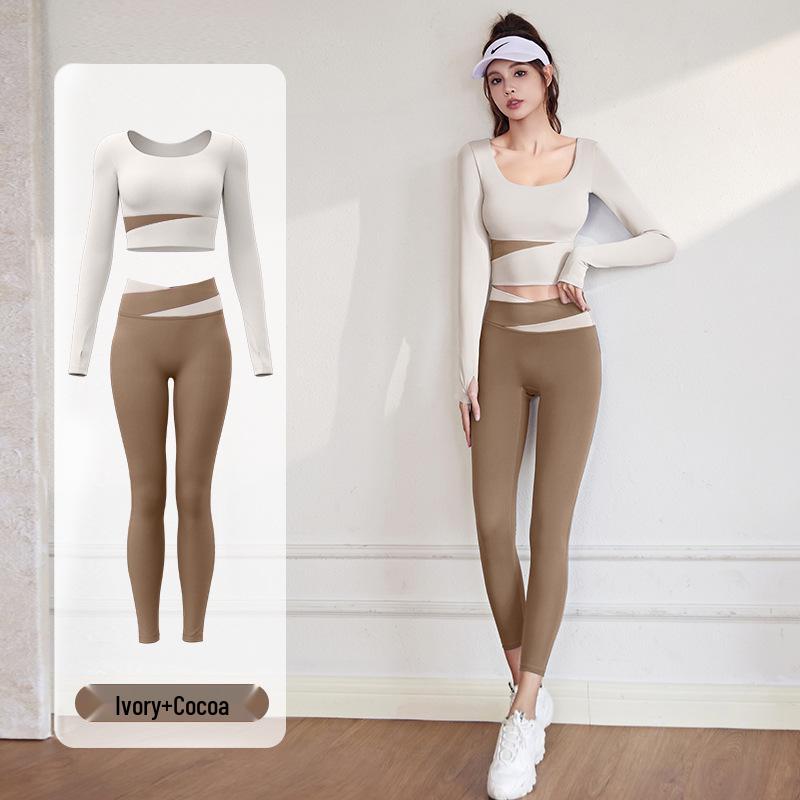 Damen Frühling Colorblock Yoga Set - Nude Feeling Enges Top & Langarm, Brustpolster, Modehose zum Laufen und für Fitness