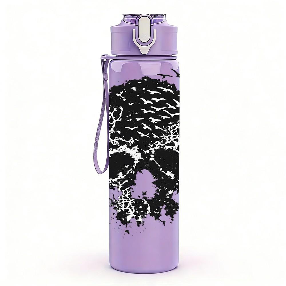 1PC Detailed Monochrome Skull Art Print 750ml Color Plastic Sports Water Bottle Leakproof Flip Straw Lid Suitable for Sports Office Home Use