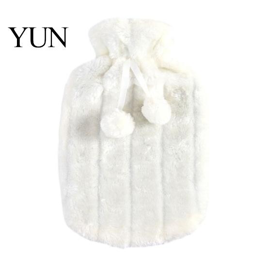 Winter Hot Water Bag 2L Bottle with Plush Cover, Pompom Drawstring Warm Bag, for Hands, Feet, Stomach Lightweight