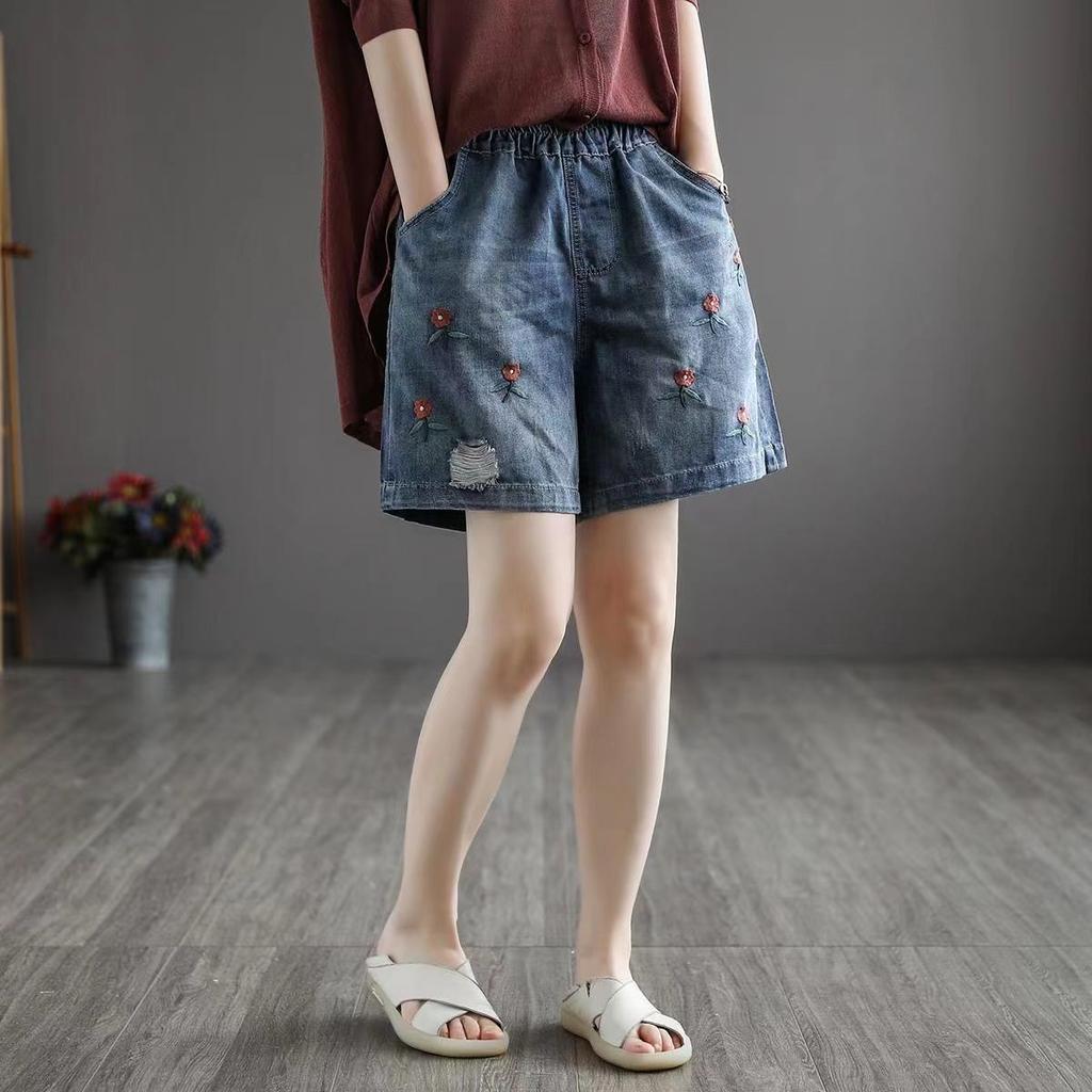 Women's Denim Shorts Summer Thin Style Large Size Loose High Waisted Embroidered Wide Leg Casual
