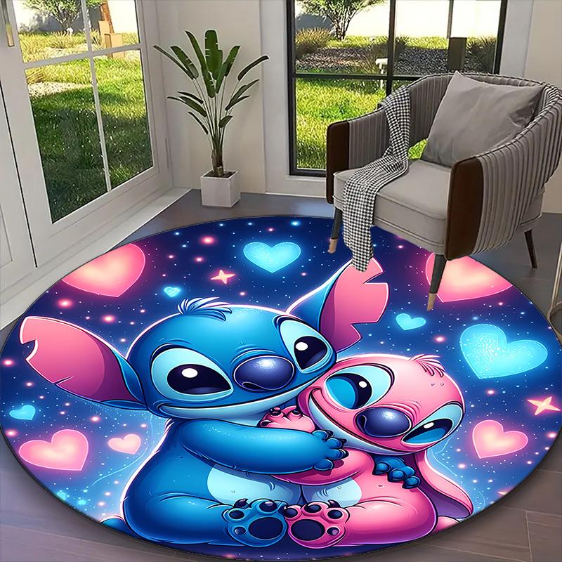 [1pc Stitch And Angel Pink Heart Floral Office Carpet] Easy Maintenance Chair Rug for Conference Room Use, Durable Round Sofa Floor Mat