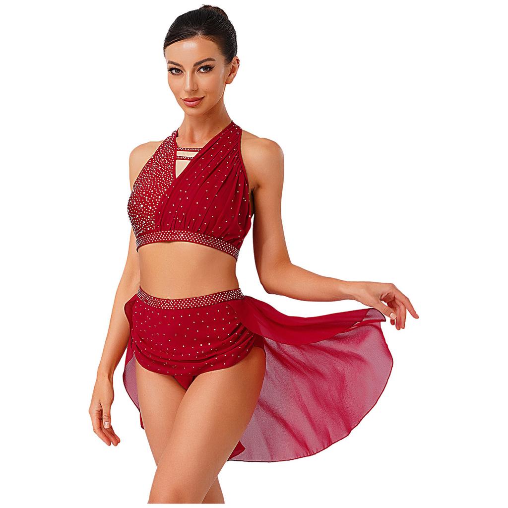 Womens Worship Dance Costume Long Sleeve Design Asymmetrical Hem Dress Contrast Color Wide Leg Pants Set