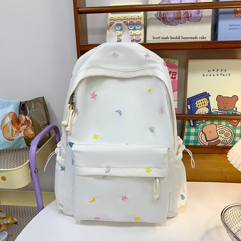 Waterresistant Student Backpack With Star And Moon Embroidery Design For Casual Travel And School