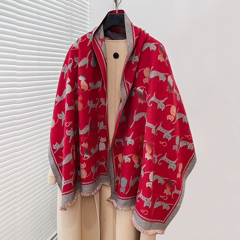 Kitten  Winter Scarf Women Pashmina Shawls And Wraps Cashmere Blanket Warm Thick Stoles For Lady Outdoor Bufanda   Print