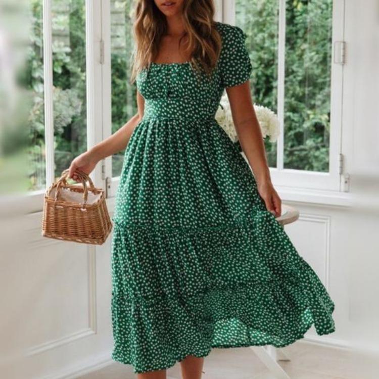 Small Flower Print Patchwork Dress Pleated Bubble Shirring Dating Vacation Short Square Neck Midi Womens Flowy A-line