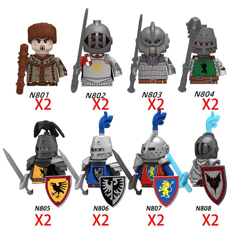 MOC Mittelalterliche Burg Rabe Schwarzer Falke Ritter Figuren Bausteine Infanterie Kriegswaffe Soldat Schild Schwert Rüstung Kinderspielzeug B143