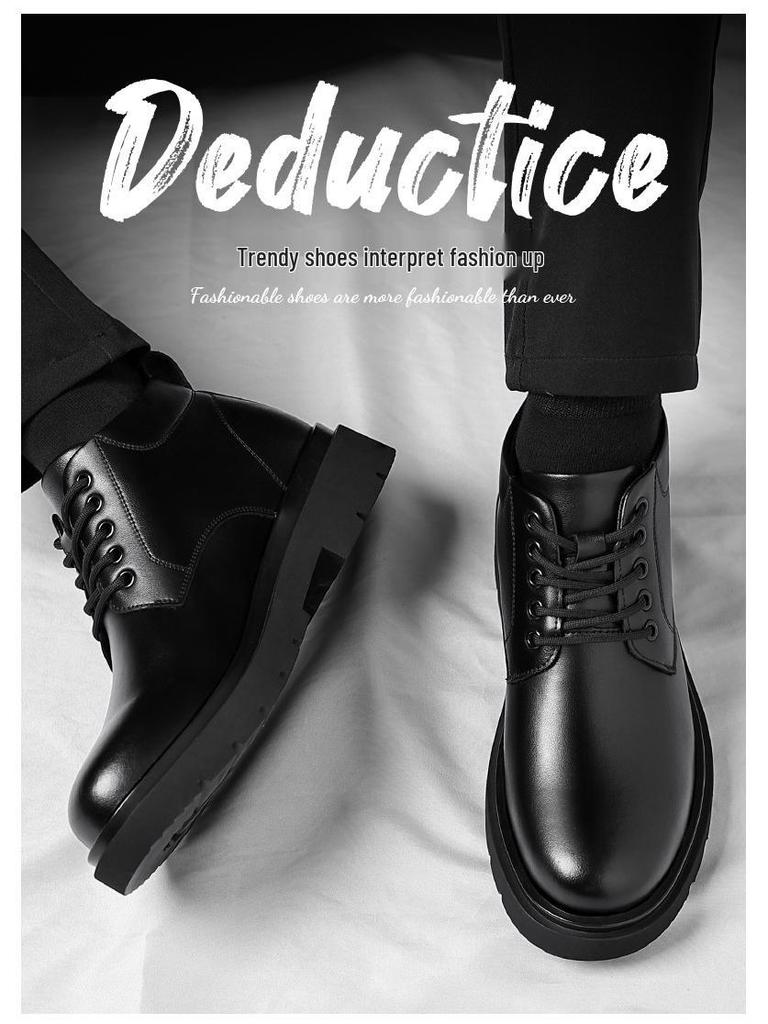 Martin Men's 2024 Black Leather Boots: Plus Velvet, Thickened, Height-Enhancing, Casual, Warm Work Boots for Autumn/Winter