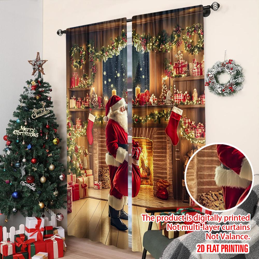 Set Of 2 Flat Printing Merry Christmas Popular Party Window Curtains Father Versatile Durable Polyester Without Made