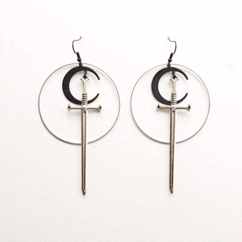 Black Moon Long Sword Silver Earrings - Stylish Pendant Gift