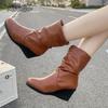 Fashion Brown Pu Mid Calf Booties Women 2025 Autumn Round Toe Non Slip Wedge Heel Boots Fashion Pleated Slip-On Boots Bota Feminina