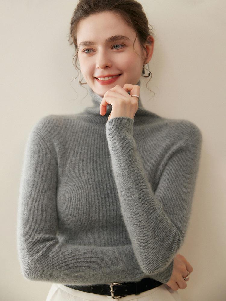Women's 100% Pure Cashmere High Neck Seamless Turtleneck Sweater - Slim Fit Autumn Winter Knitwear