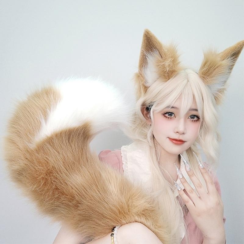 Wolf Foxes Tail Foxes Ears Headband Faux Furs Animal Tail Halloween Christmas Fancy Party Costume Gift for Women Men