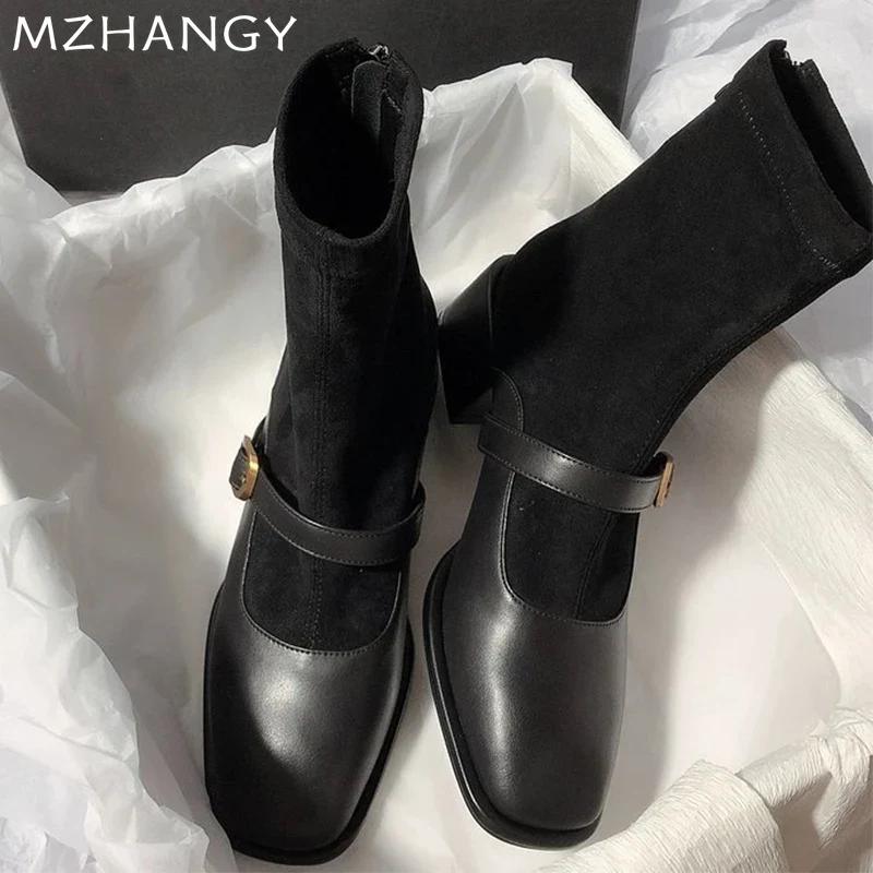 Suede Women Chunky Ankle Boots Mid Heels Fashion Leather Shoes Woman 2025 Trend Goth Chelsea Boots Pumps New Muejr Snow Botas