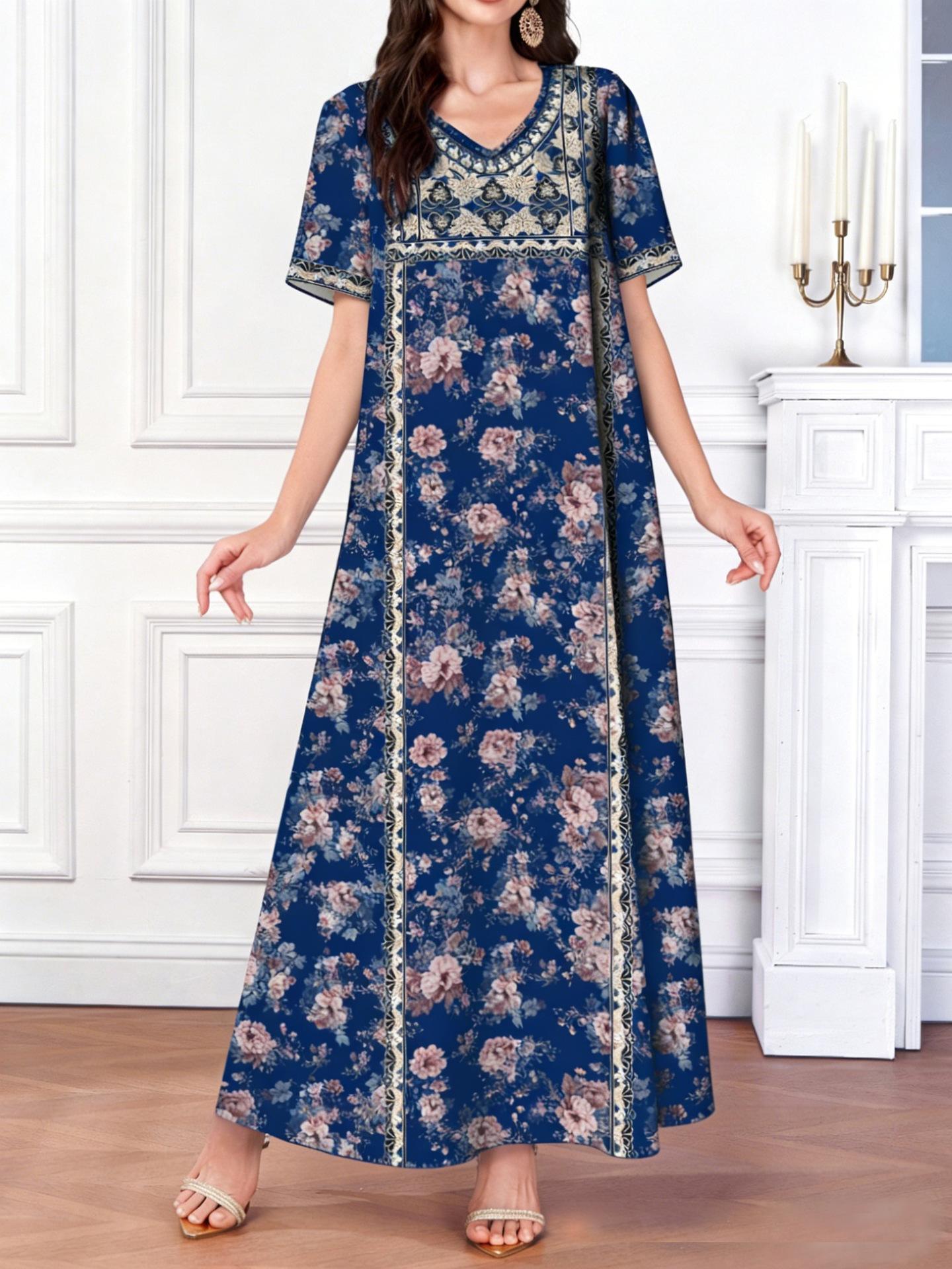 

Summer Fashion Casual European Style Short Sleeve Print Maxi Dress Women Clothing L Темно-синій