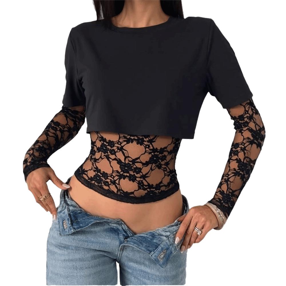 

Patchwork Lace Patch T-Shirt Mesh Transparent Fake Two T-shirts Slim-Fit Crop Top Vacation Wear XL