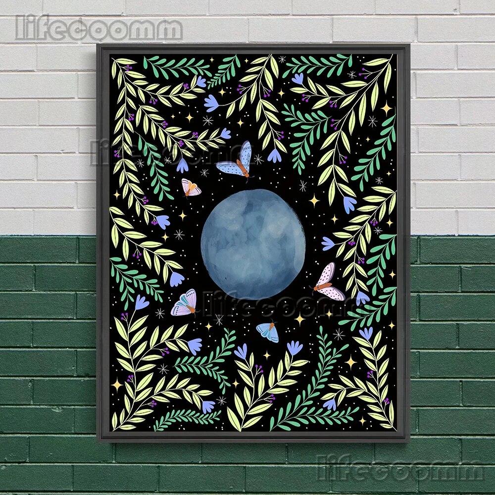 2023 księżycowa faza księżyca i magiczna ćma obraz ścienny na płótnie wąż, roślina, księżyc, elementy czarów plakat artystyczny dekoracja z nadrukiem bez ramki