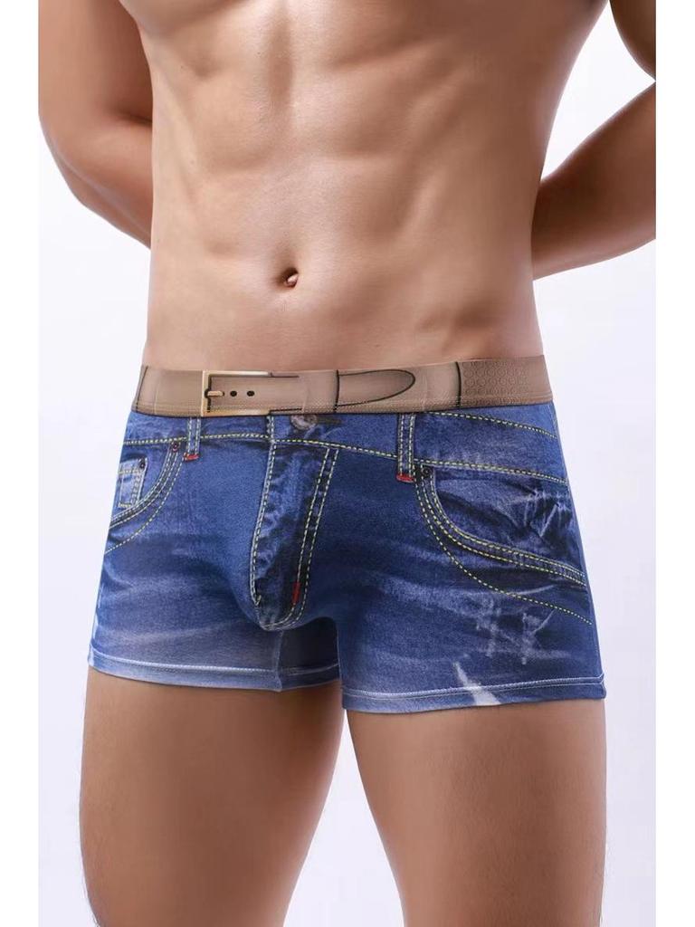 Men's 3D Faux Denim Print Boxer Briefs, Cotton Underwear Trendy Trunk.