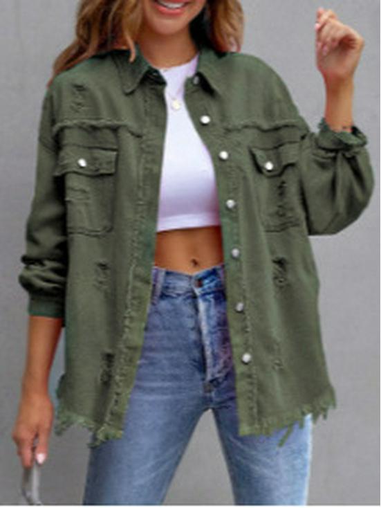 Women's 2025 European & American Solid Color Ripped Denim Jacket - Loose Fit, Long Sleeve