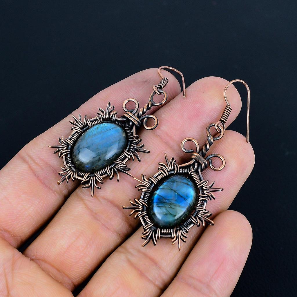 Labradorit 999 Kupferdraht umwickelte Ohrringe, handgefertigter Edelstein-Ohrschmuck, Geschenke für die Ehefrau, brandneue Ohrringe