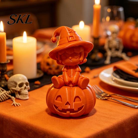 Halloween Entrance Decor 3D Printed Pumpkin Girl Figurine, Spooky Witch Statue, Desktop Sitting On Ornament for Party Decoration