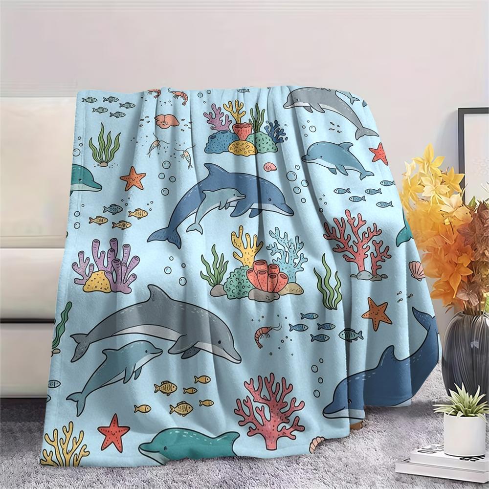 1PC Cute Marine Animals Print Flannel Blanket, High quality All Seasons, Home Decor, Warmth and Comfort, Perfect for Christmas Gifts