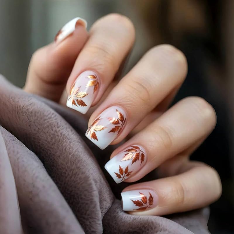 Maple Leaf Press on Nails Fall Leaves Stick on Fingernails Thanksgiving Short Square False Nails 24Pcs Glossy Silver Glitter Acrylic Fake Nail Autumn