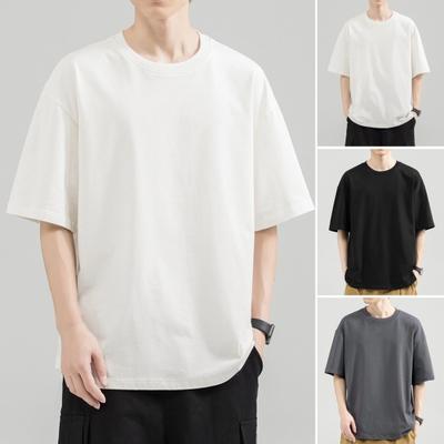 Summer Men T-shirt Round Neck Half Sleeve Solid Color Soft Breathable Cotton Thin Pullover Loose Casual Simple Style Daily Top
