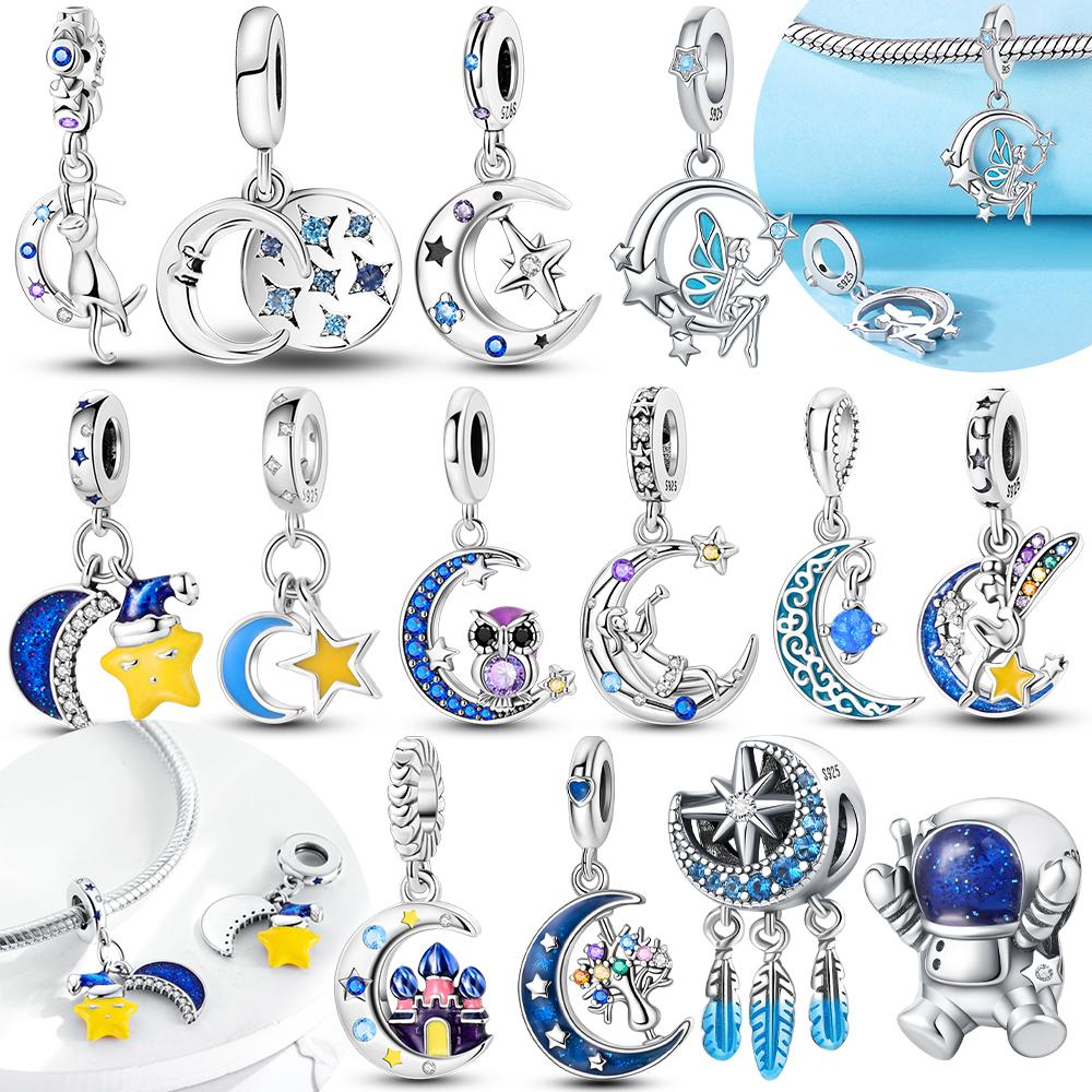 Blauer Mond Eule Geist Sternform Turm Feder Authentisch Kupfer Anhänger Perlen Anhänger Kompatibel Mit Armbändern Damen DIY Valentinstagsgeschenk Zubehör Herstellung