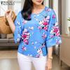 ZANZEA Damen Casual Rundhals 3/4 Ärmel Schlitzsaum Flora bedruckte Bluse