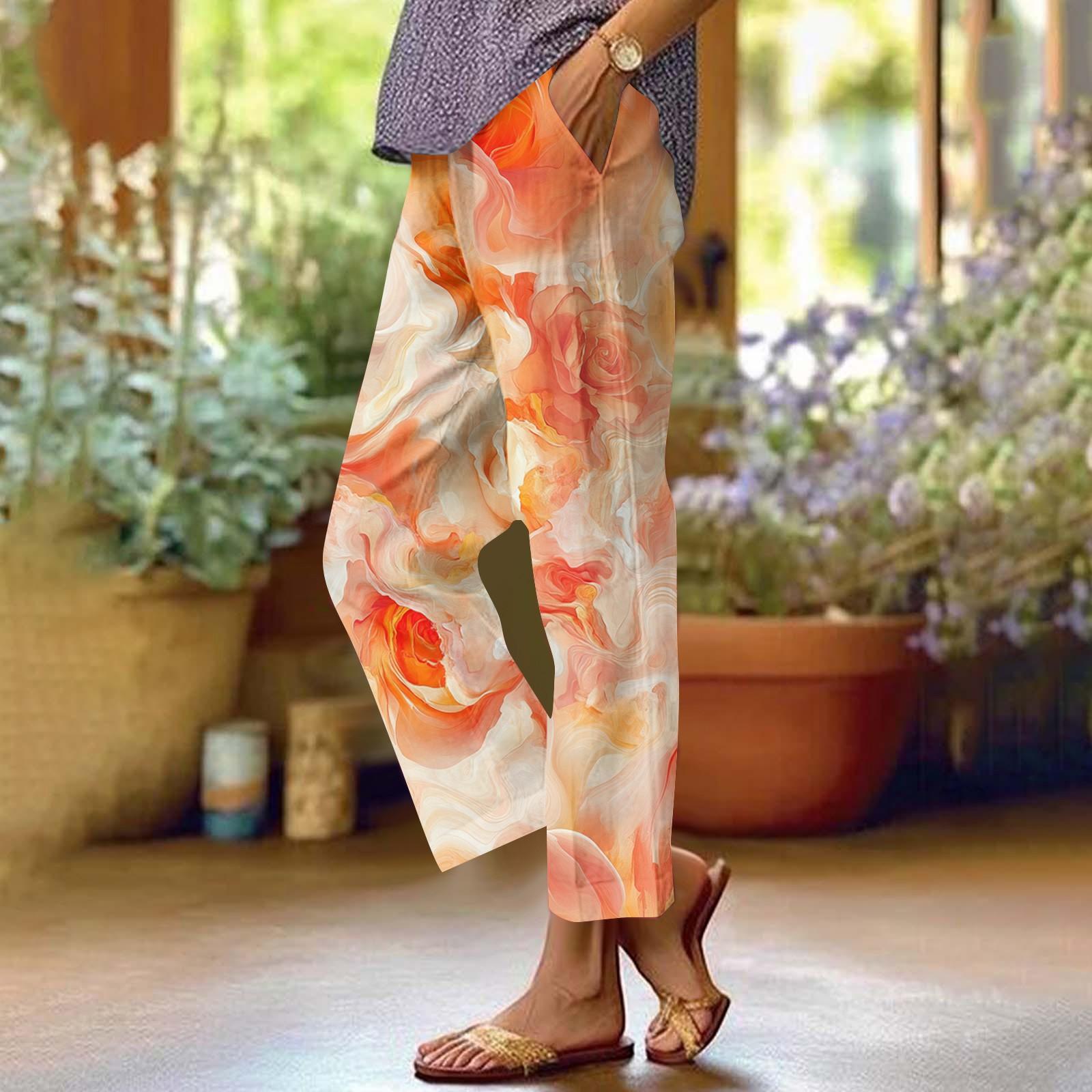 

Women s Casual Fashion Floral Printed Straight Leg Pants Pants With Pockets L шафрановий