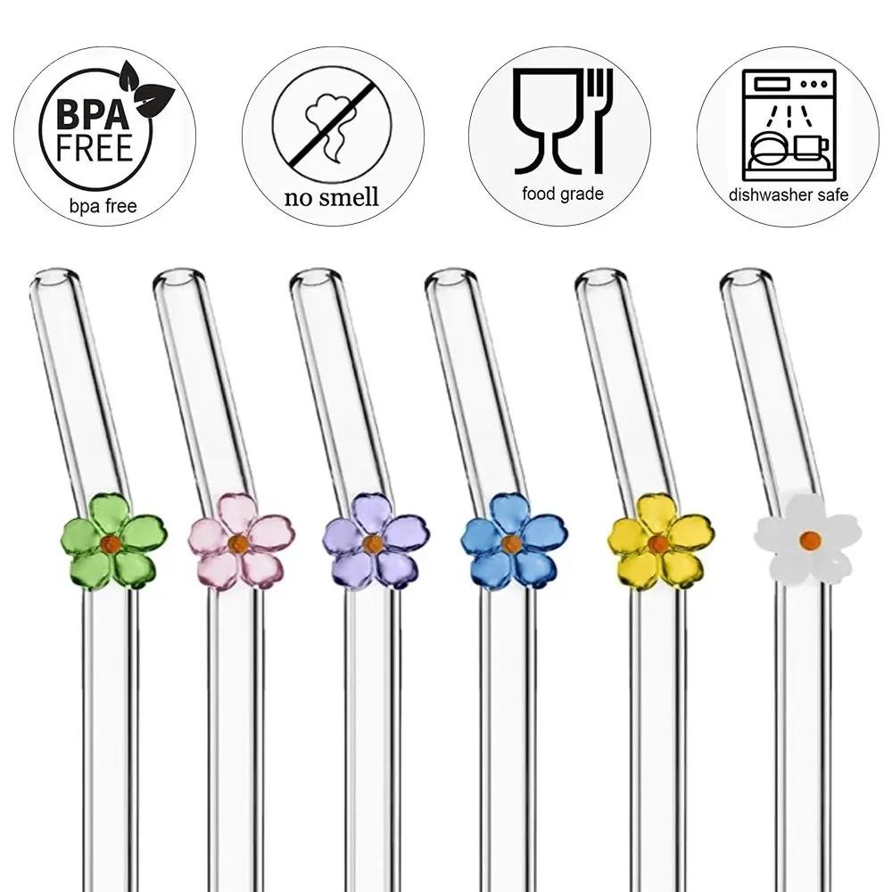 6Pcs Reusable Glass Straw Set High Borosilicate Smoothie Cocktails Straw Healthy Eco Friendly Drinking Straw with Clear Brush