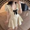 French daughter style bow short-sleeved polka dot dress women's summer new waist thin chic beautiful skirt